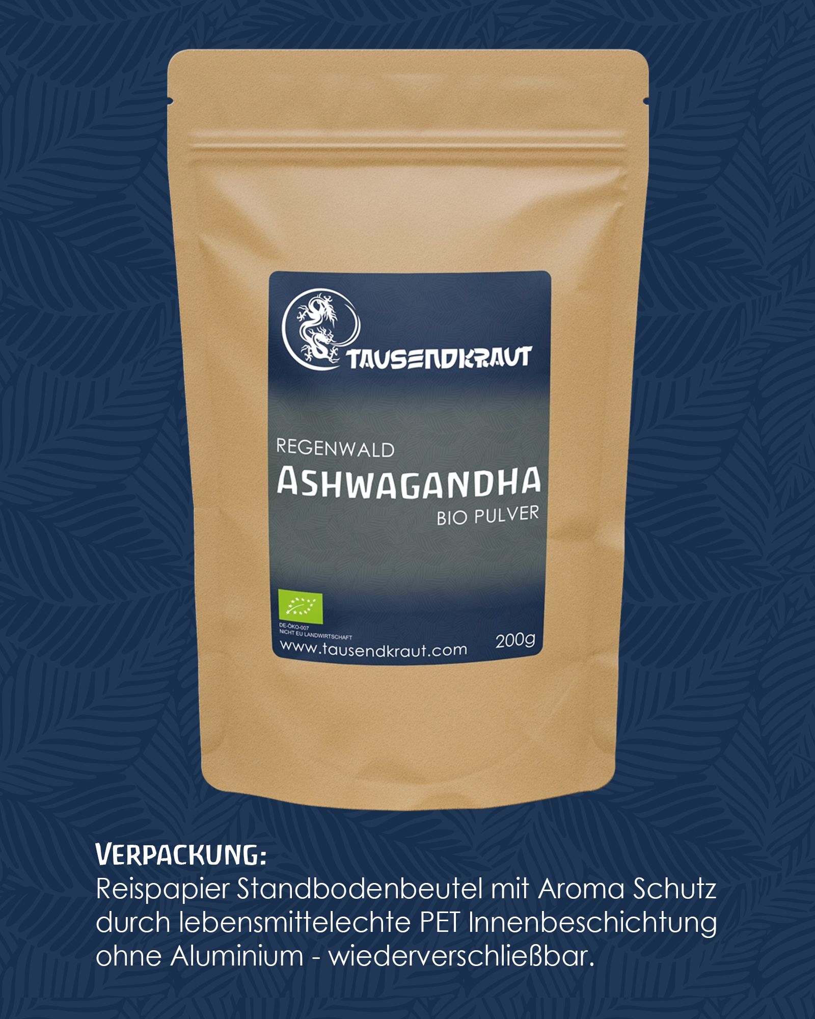 Beutel mit Ashwagandha Pulver BIO. Verpackung: Standbodenbeutel mit Aromaschutz. Braune Verpackung, blauer Hintergrund.