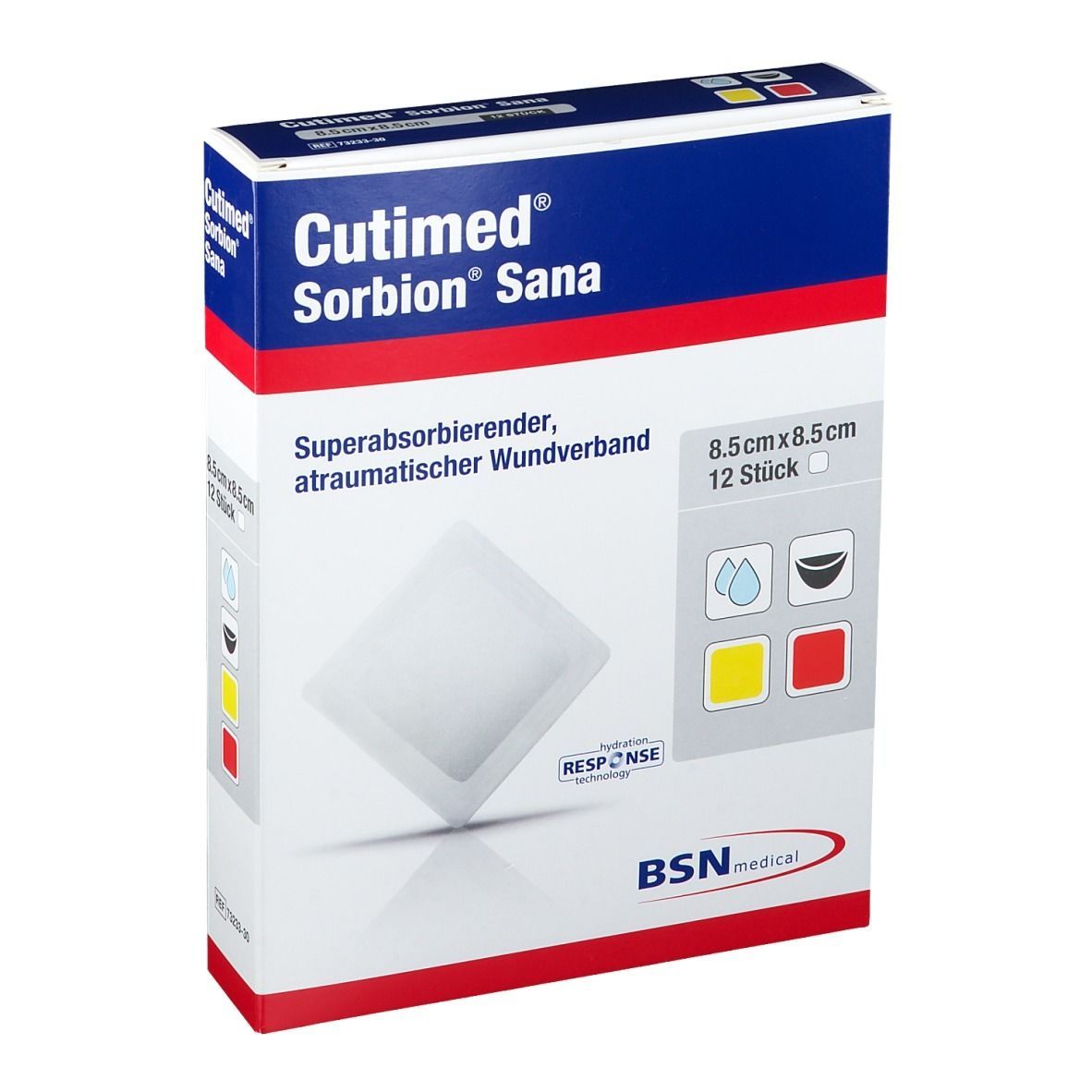 Verpackung von Cutimed Sorbion Sana. Enthält 12 Wundverbände, 8,5 x 8,5 cm. Superabsorbierend, atraumatisch. BSN medical.