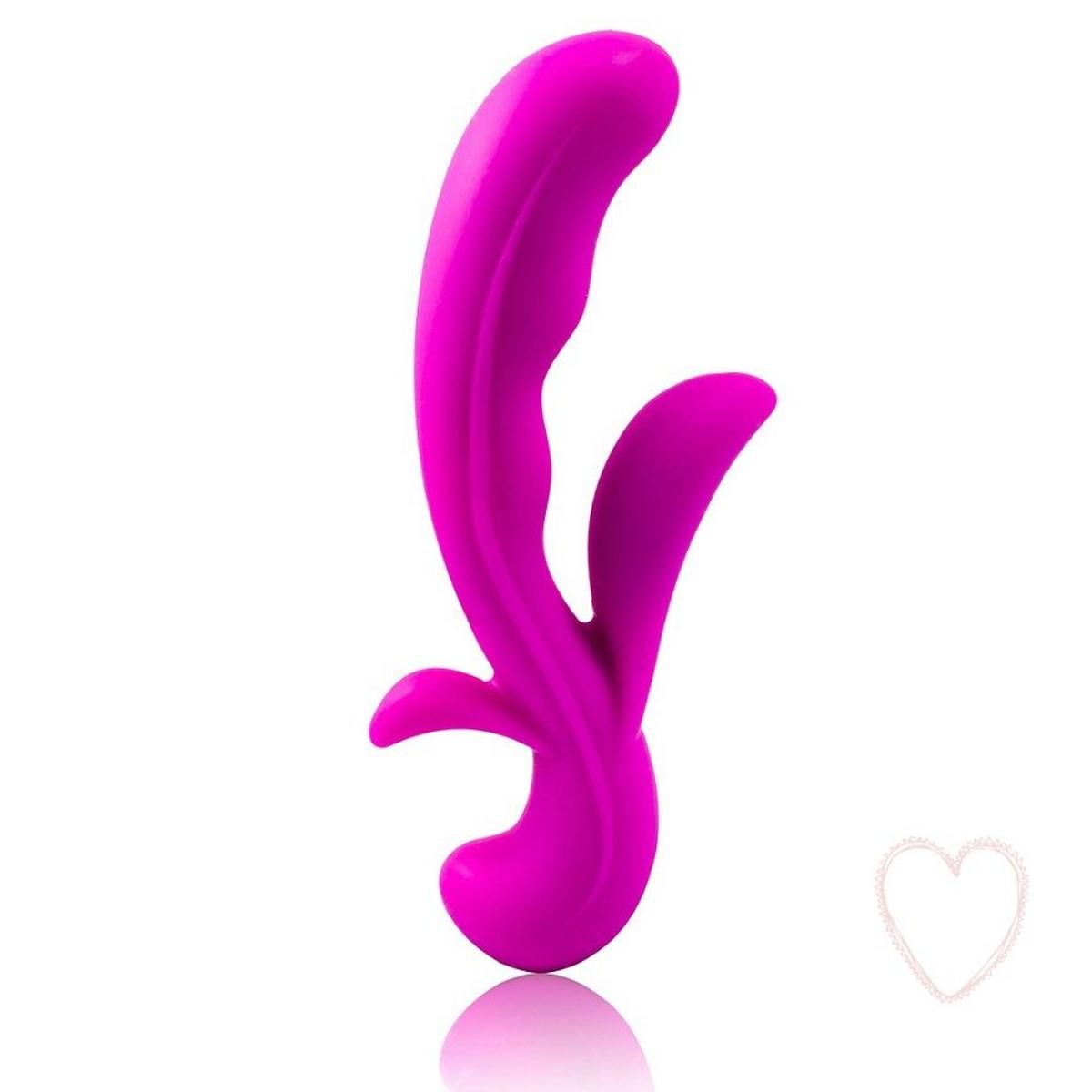 Pinkfarbener Vibrator mit geschwungener Form. Zwei Stimulationselemente. Herz-Symbol daneben.