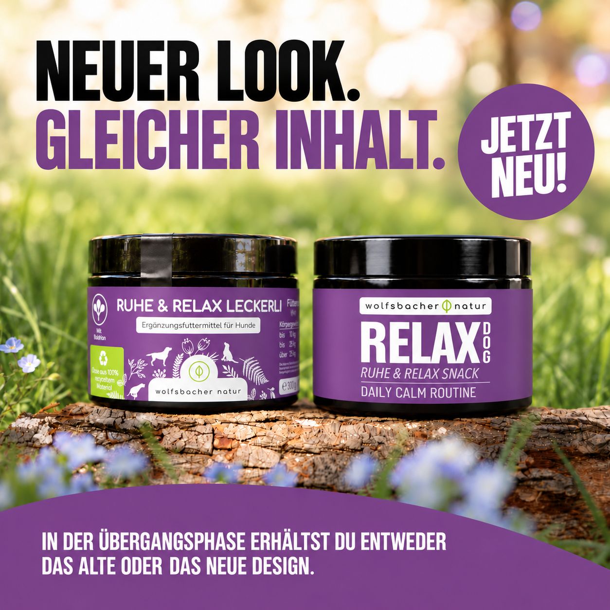 Wolfsbacher Natur Relax Dog: Ruhe & Relax Snack. Zwei Dosen mit Hundesnacks, eine neu, eine alt.