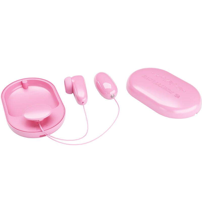 Rosa Set mit drei Teilen und Kabeln. Enthält einen Vibrationsball, einen Klopfstimulator und eine ovale Box.