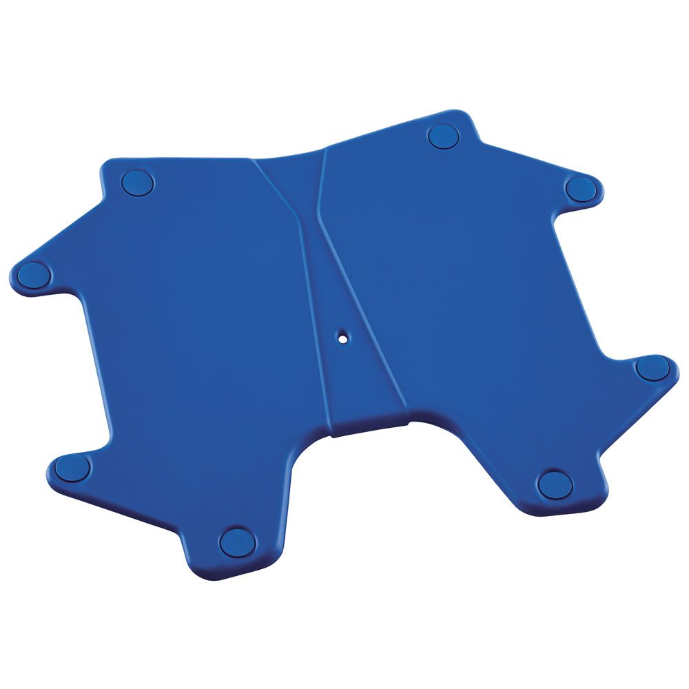 Blauer Sitzpad mit Aussparung und runden Füßen. Sicht von oben.