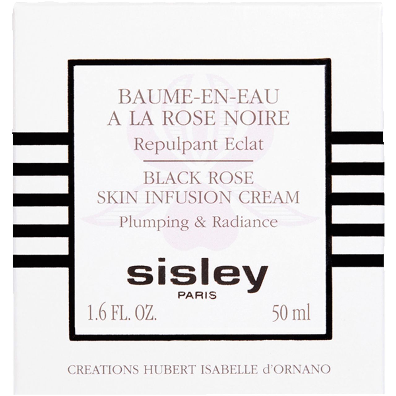Weißer Karton mit schwarzer Schrift. Aufschrift: Baume-en-Eau à la Rose Noire, Black Rose Skin Infusion Cream, Sisley Paris, 50 ml.