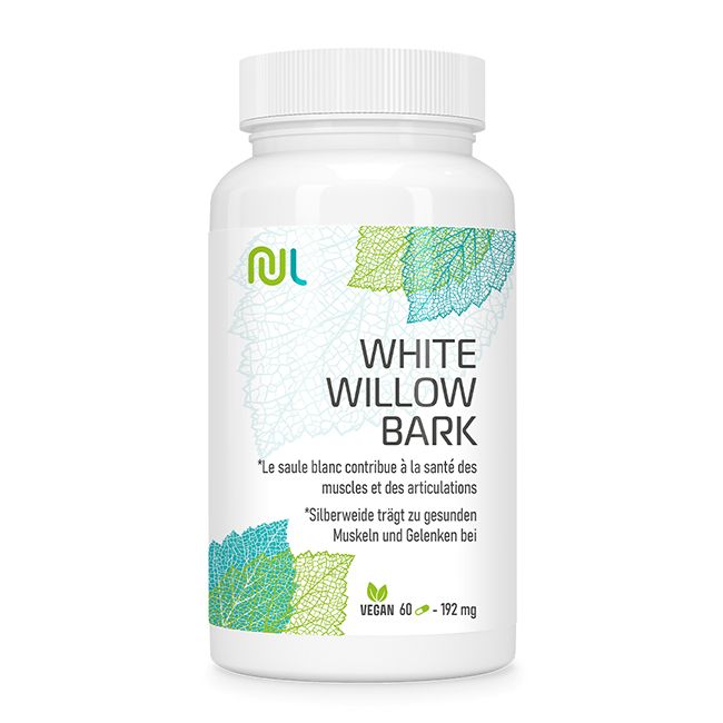 Weiße Flasche mit Kapseln. Aufschrift: White Willow Bark. Logo und Blätter-Design. Vegan 60 Kapseln.