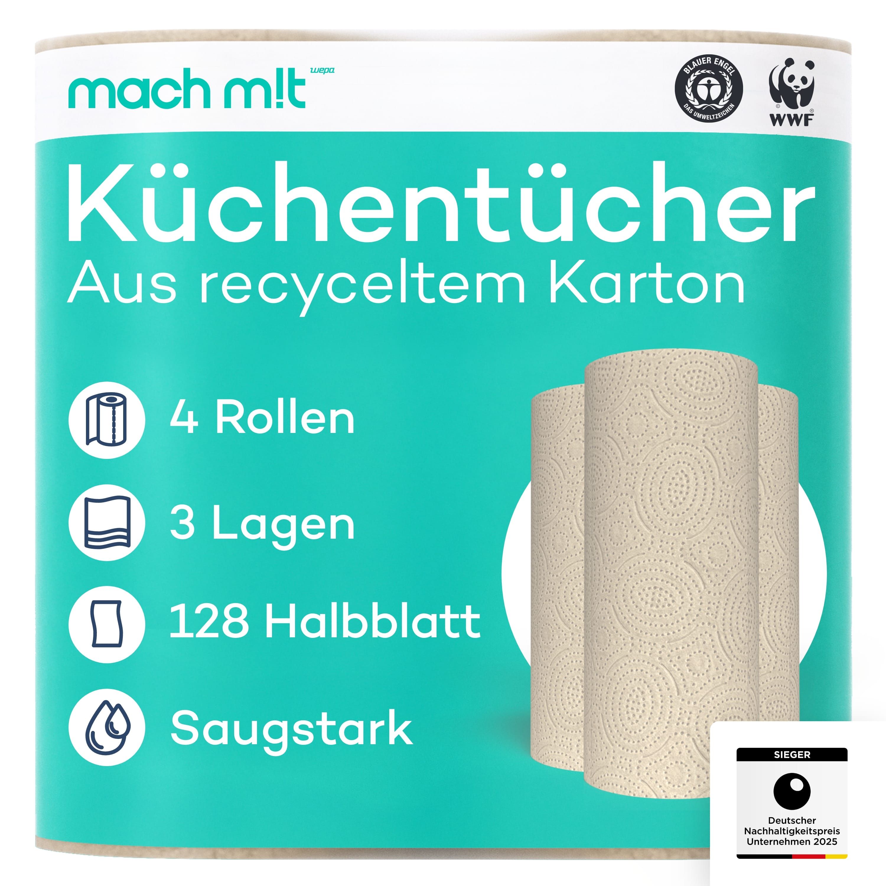 4 x Küchenrolle 3-lagig aus recyceltem Karton mach m!t PURE