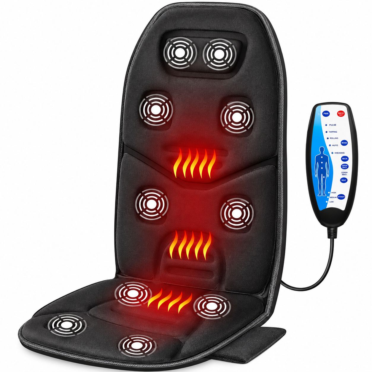 Schwarzes Massagegerät mit 10 Rotationsköpfen, 3D-Massage, Heizfunktion und Fernbedienung.