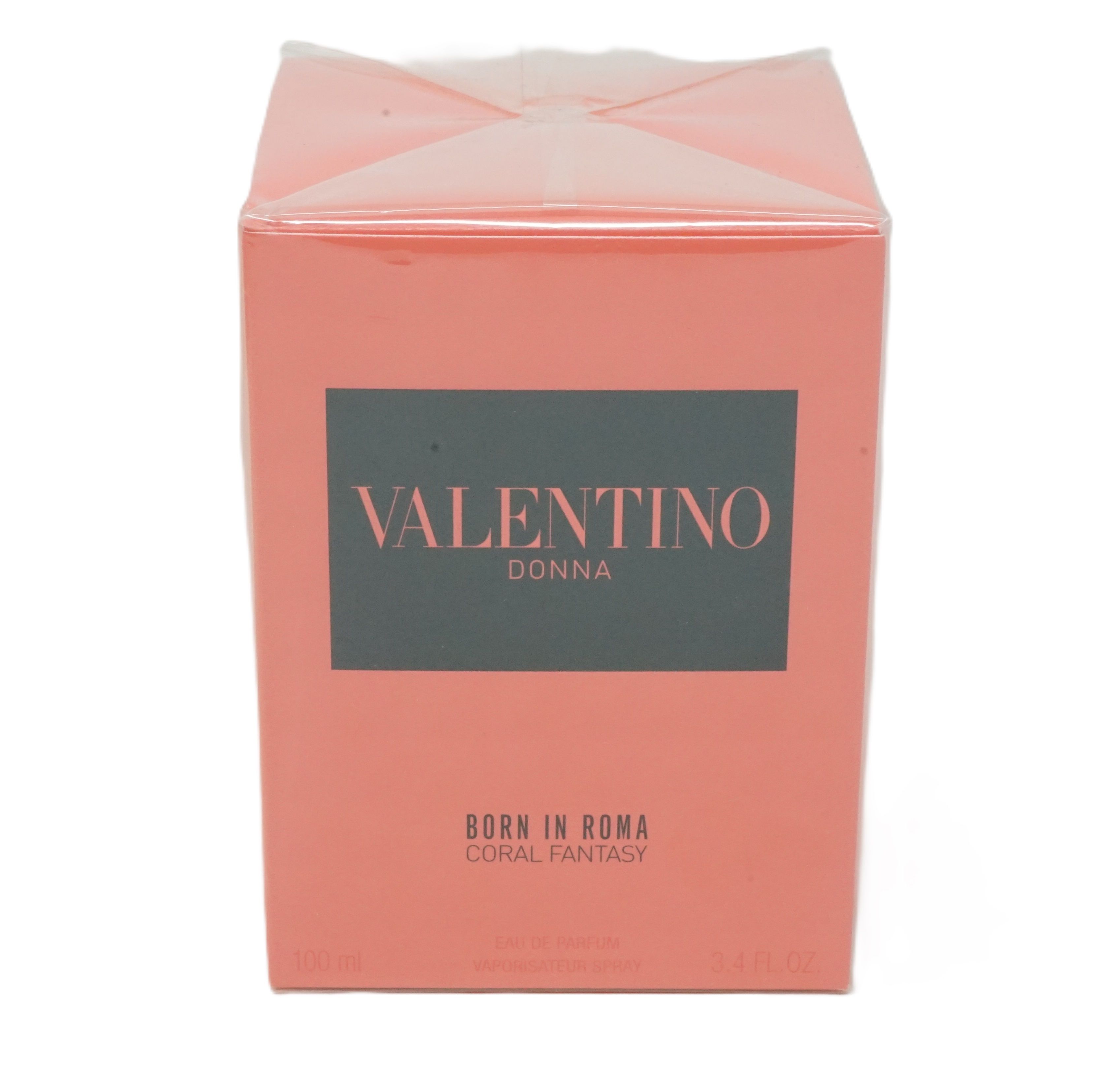 Rosa Schachtel mit schwarzem Rechteck und VALENTINO DONNA. Born in Roma Coral Fantasy. Verpackt.
