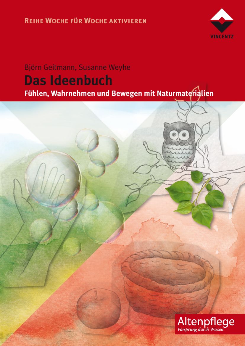 Buchcover: "Das Ideenbuch" mit Illustrationen von Eule, Blättern, Hand, Seifenblasen, Apfel und Korb. Titel und Autoren sichtbar.