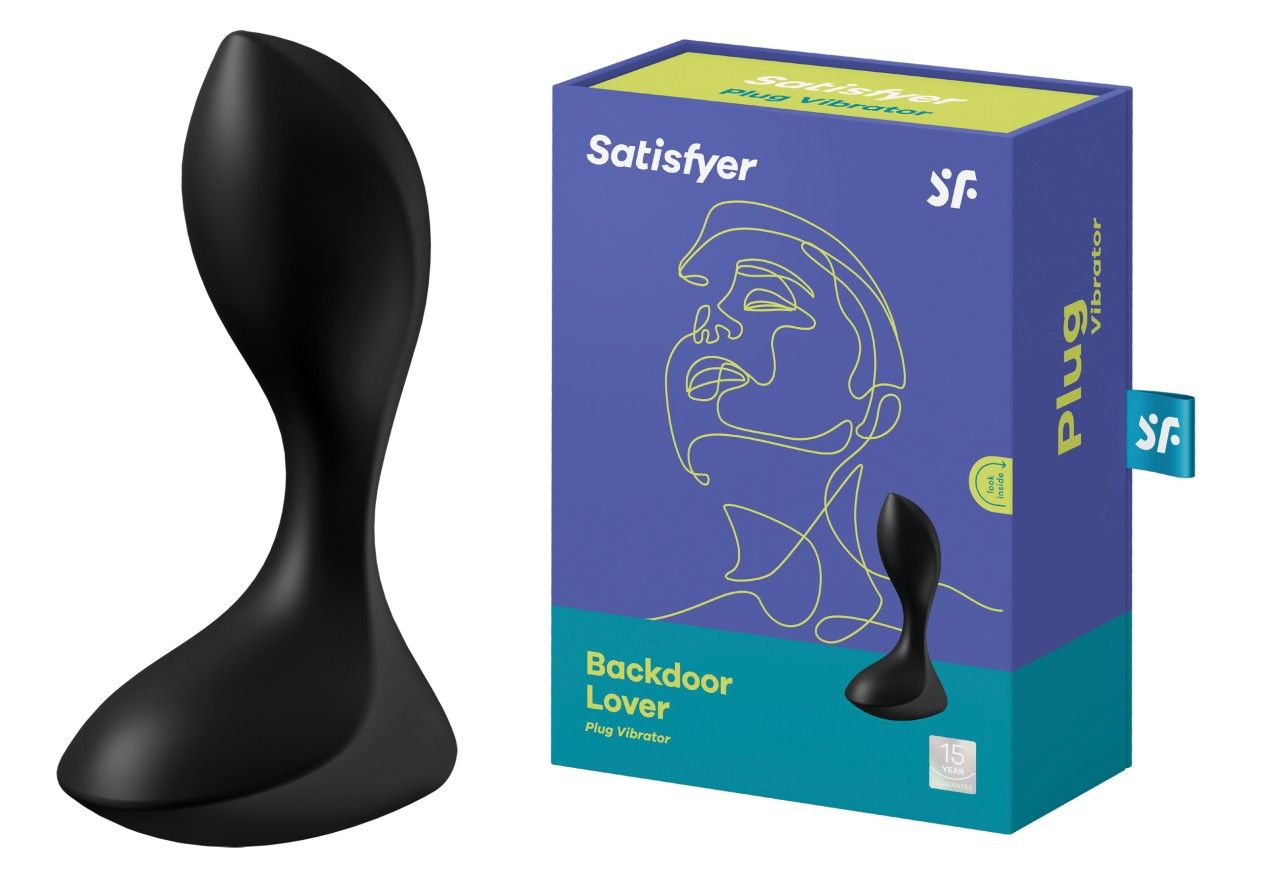 Schwarzer Plug-Vibrator neben der Produktverpackung. Verpackung mit Produktabbildung und Schriftzug "Satisfyer Backdoor Lover".