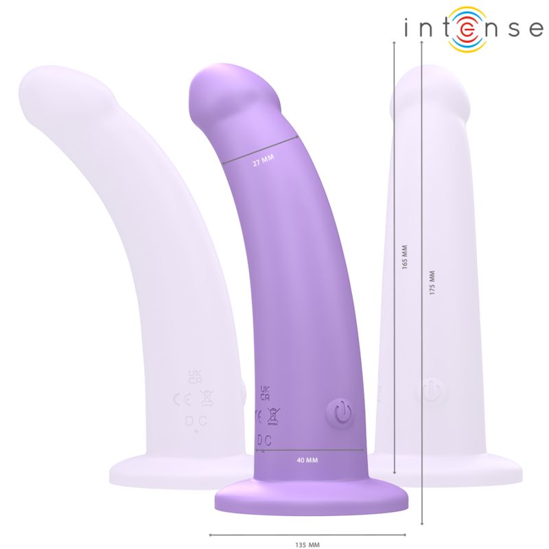 Lila Vibrator mit Maßangaben. Maße: 165 mm, 175 mm, 135 mm, 40 mm, 27 mm.