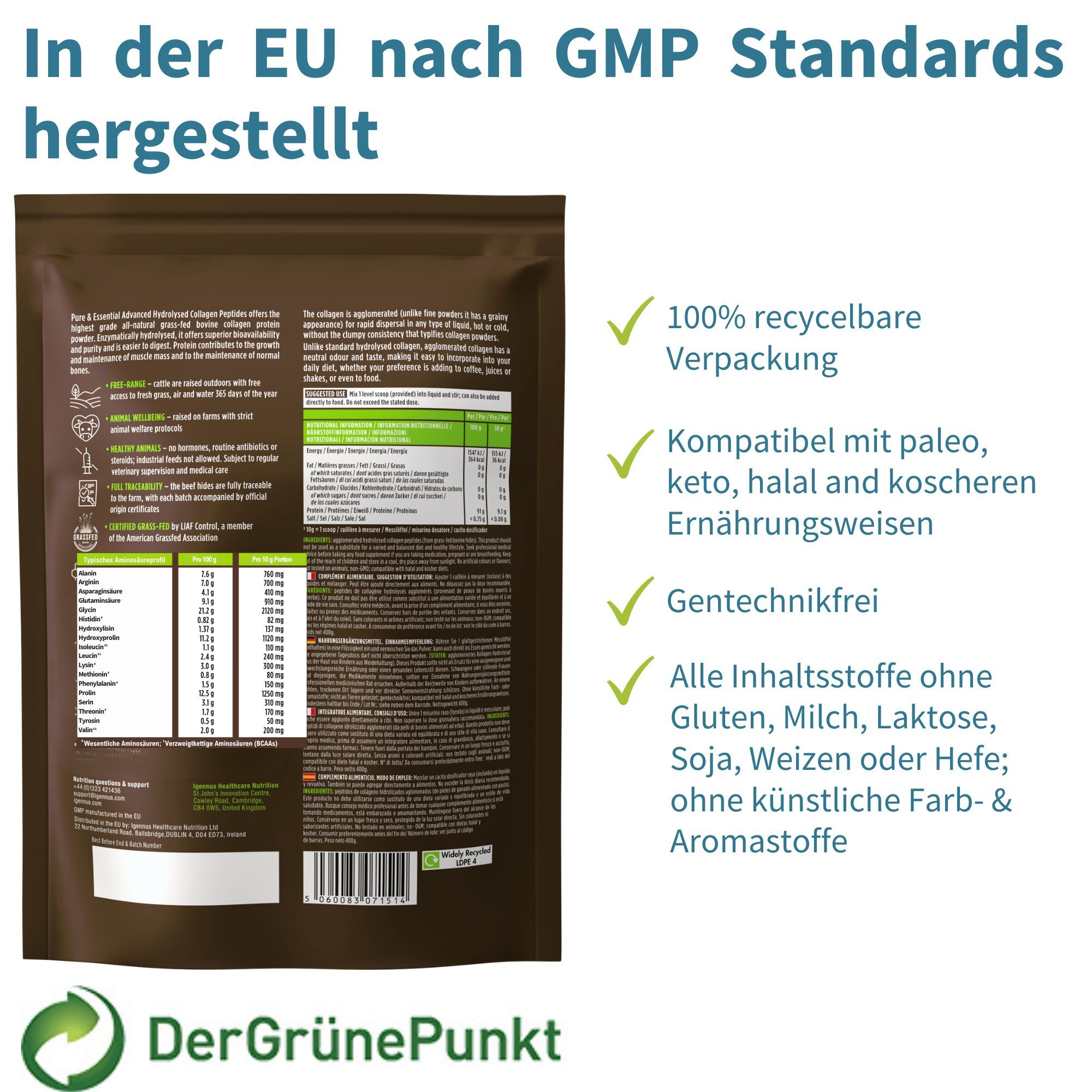 Rückseite der Produktverpackung. Text: In der EU nach GMP Standards hergestellt. 100% recycelbare Verpackung.