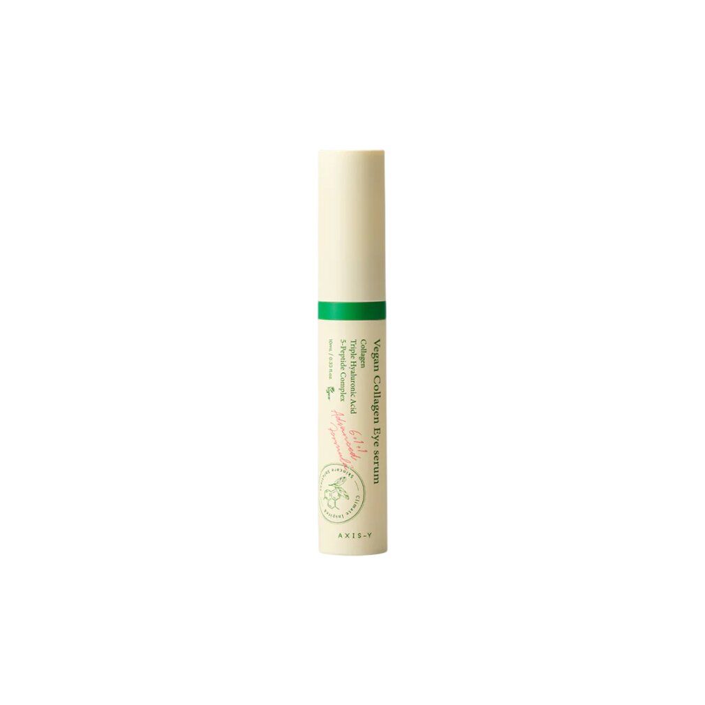 Augenserum-Tube. Grün-beige Verpackung. Text: Vegan Collagen Eye serum.