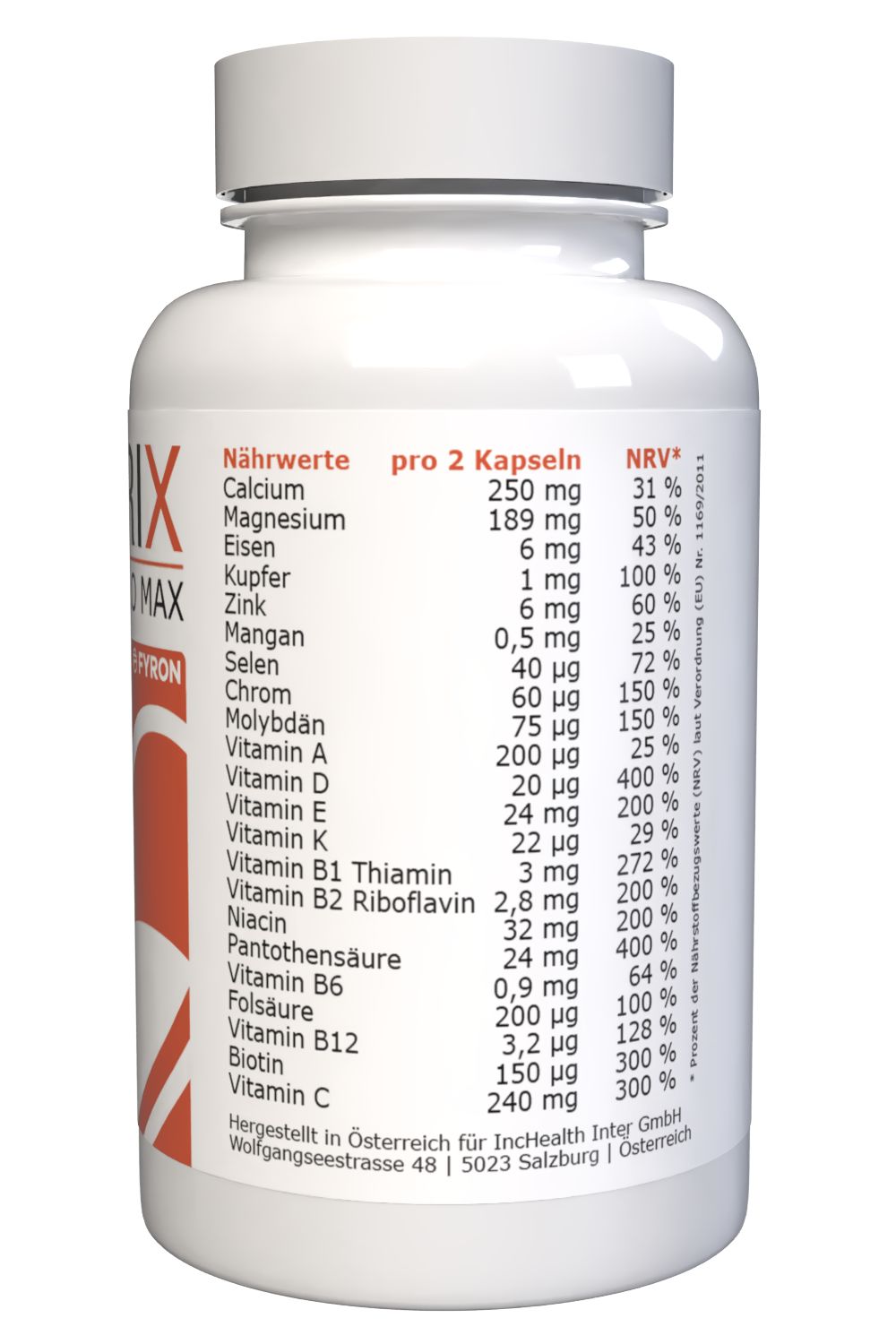 Rückseite einer Flasche mit Nährwertangaben für "ARTERIX PREMIUM PRO MAX".