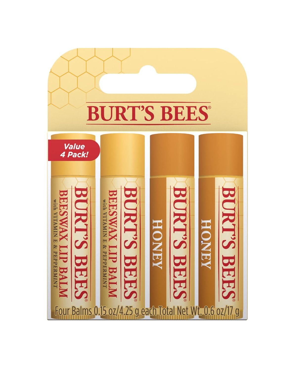 Vier Lippenbalsam-Stifte in einer Verpackung. Aufschrift: Burt's Bees. Honig und Bienenwachs-Varianten.