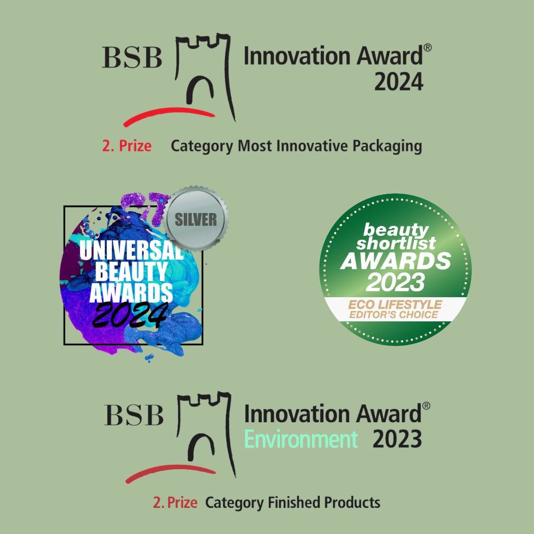 Auszeichnungen für Verpackung und Produkte. Enthält Logos für Innovation Award und Universal Beauty Awards.