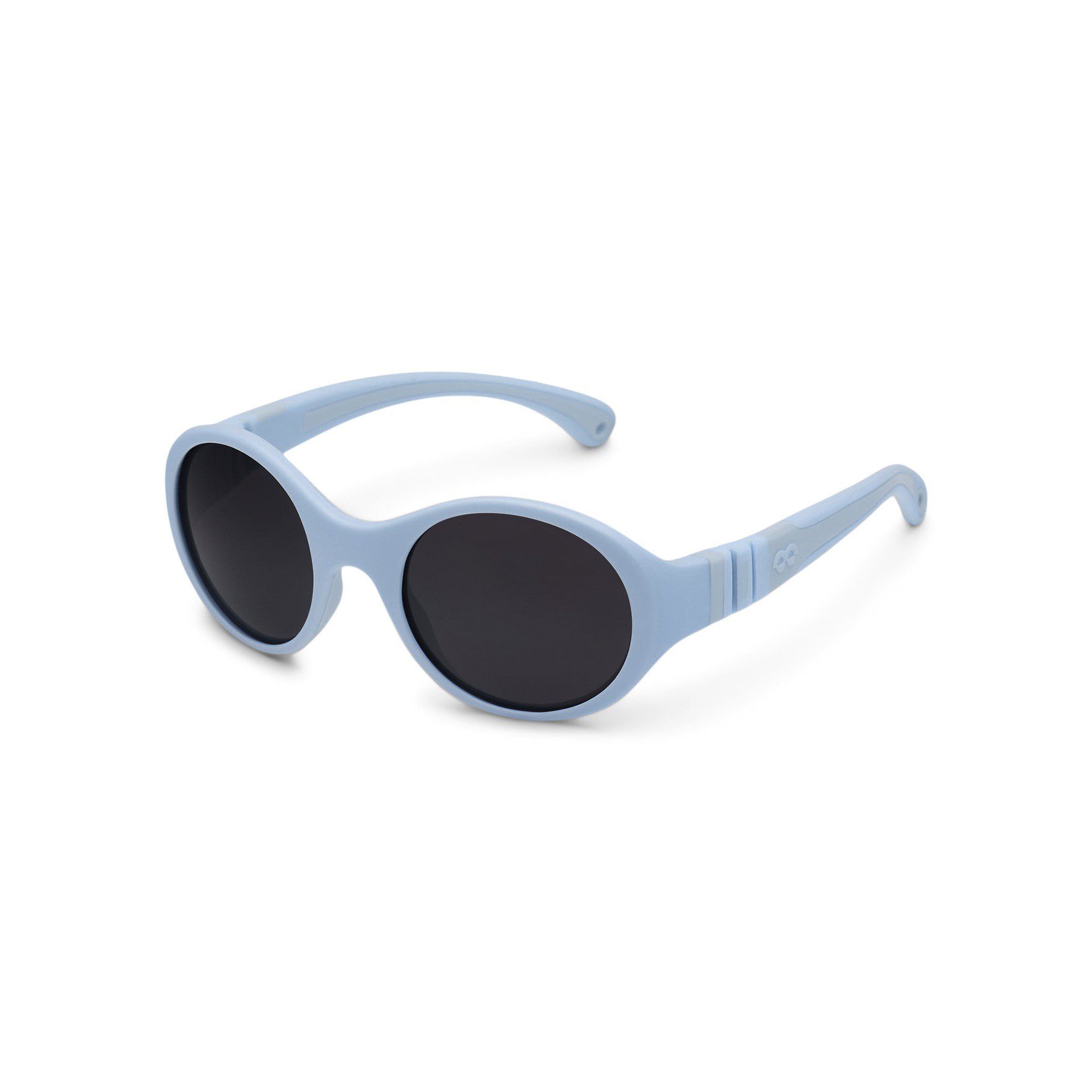 Hellblaue Sonnenbrille mit runden Gläsern und dunkler Tönung. Flexibler Rahmen. Seitliche Ansicht.