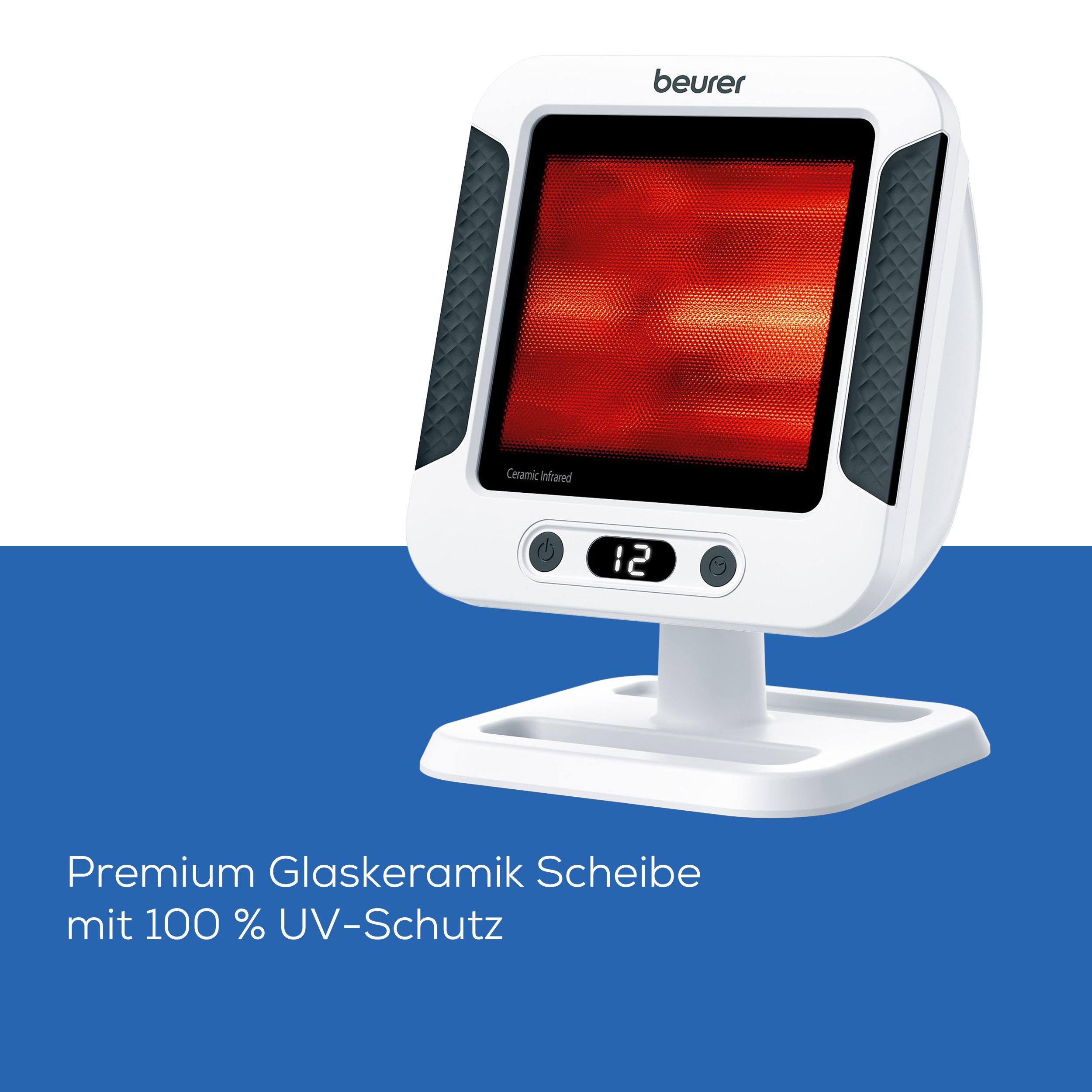 Infrarotlampe mit weißem Gehäuse und schwarzem Rahmen. Text: Premium Glaskeramik Scheibe mit 100 % UV-Schutz.