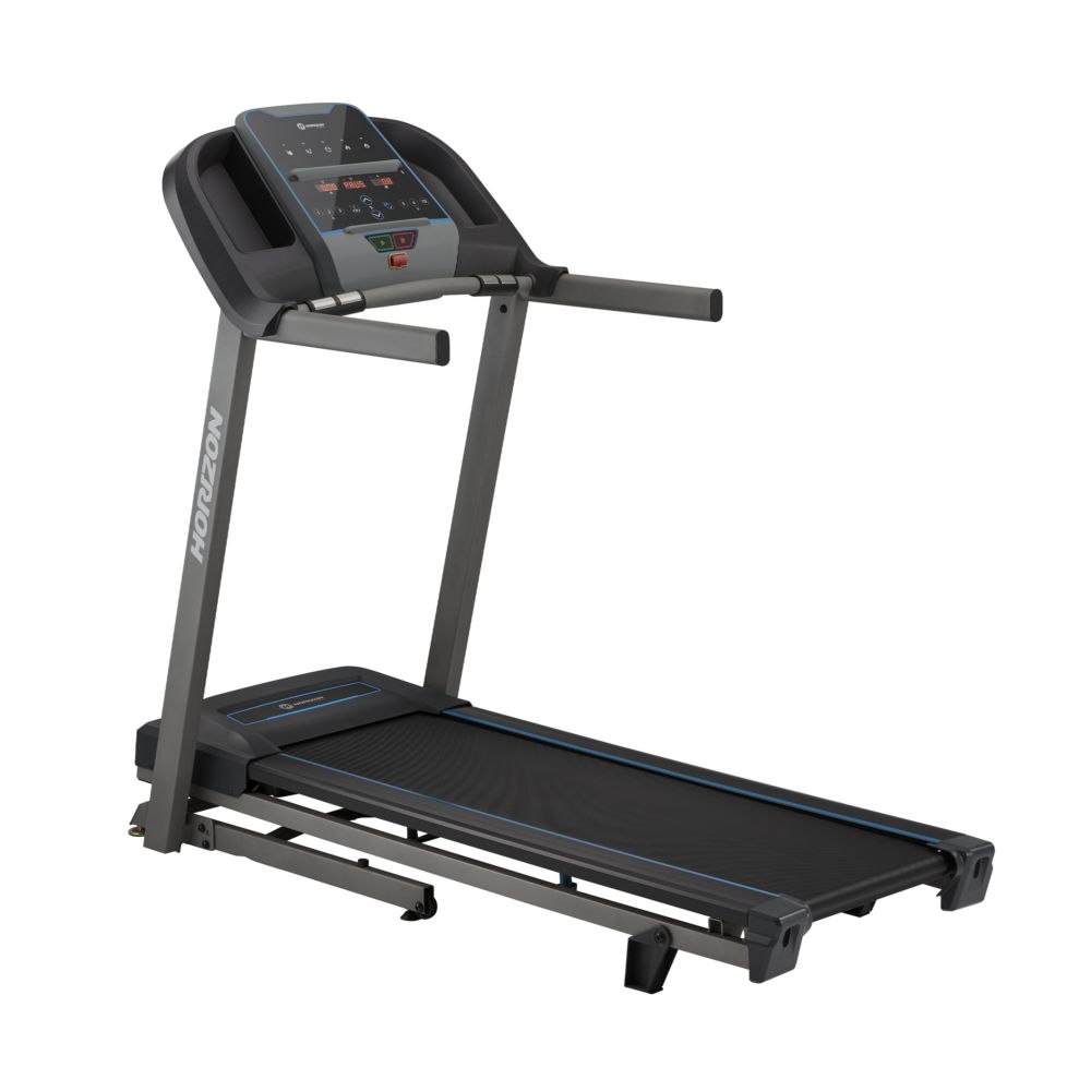Laufband mit Bedienfeld, Handläufen und Display. Grauer Rahmen, schwarze Lauffläche. Horizon Fitness Logo.