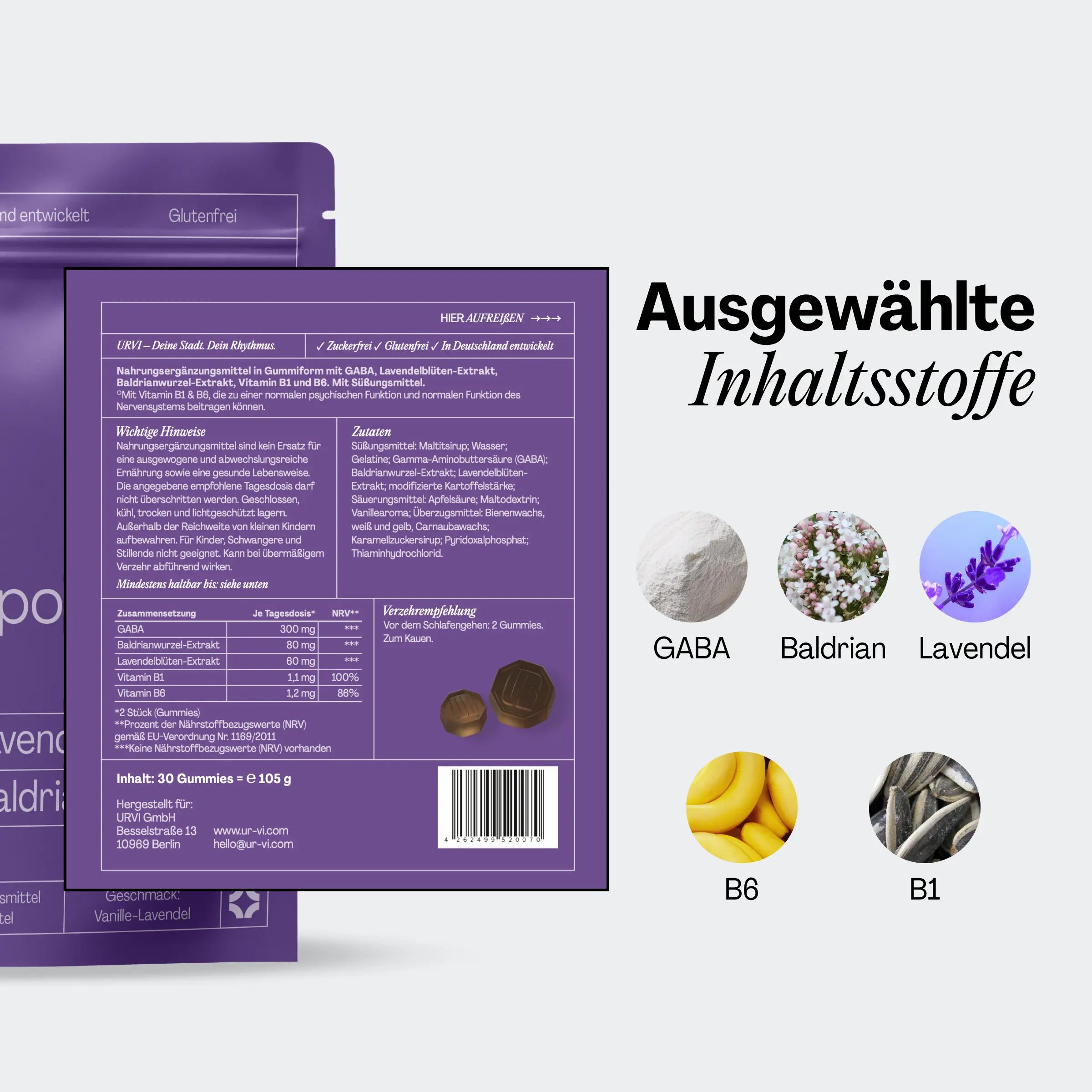 Rückseite des lila Beutels mit Inhaltsstoffen. Enthält GABA, Baldrian, Lavendel, B6 und B1.