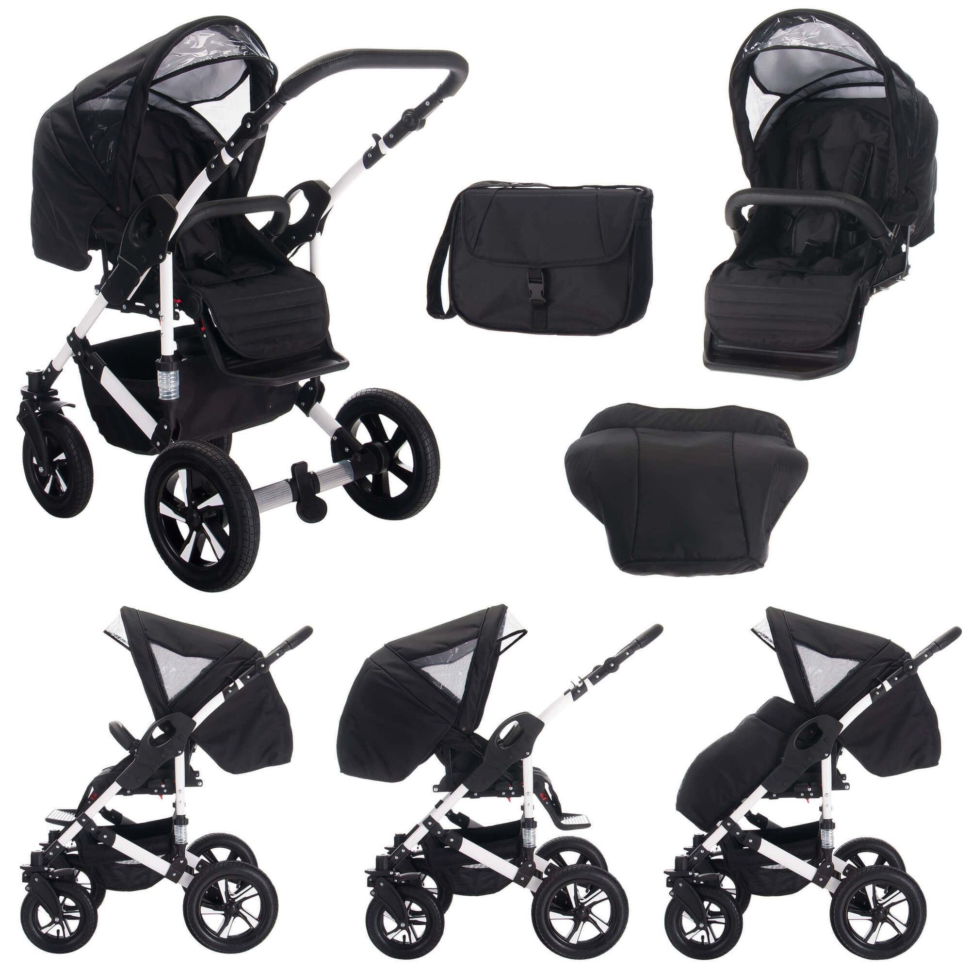 Kinderwagen in verschiedenen Konfigurationen. Schwarzes Design mit weißem Gestell. Mehrere Ansichten.