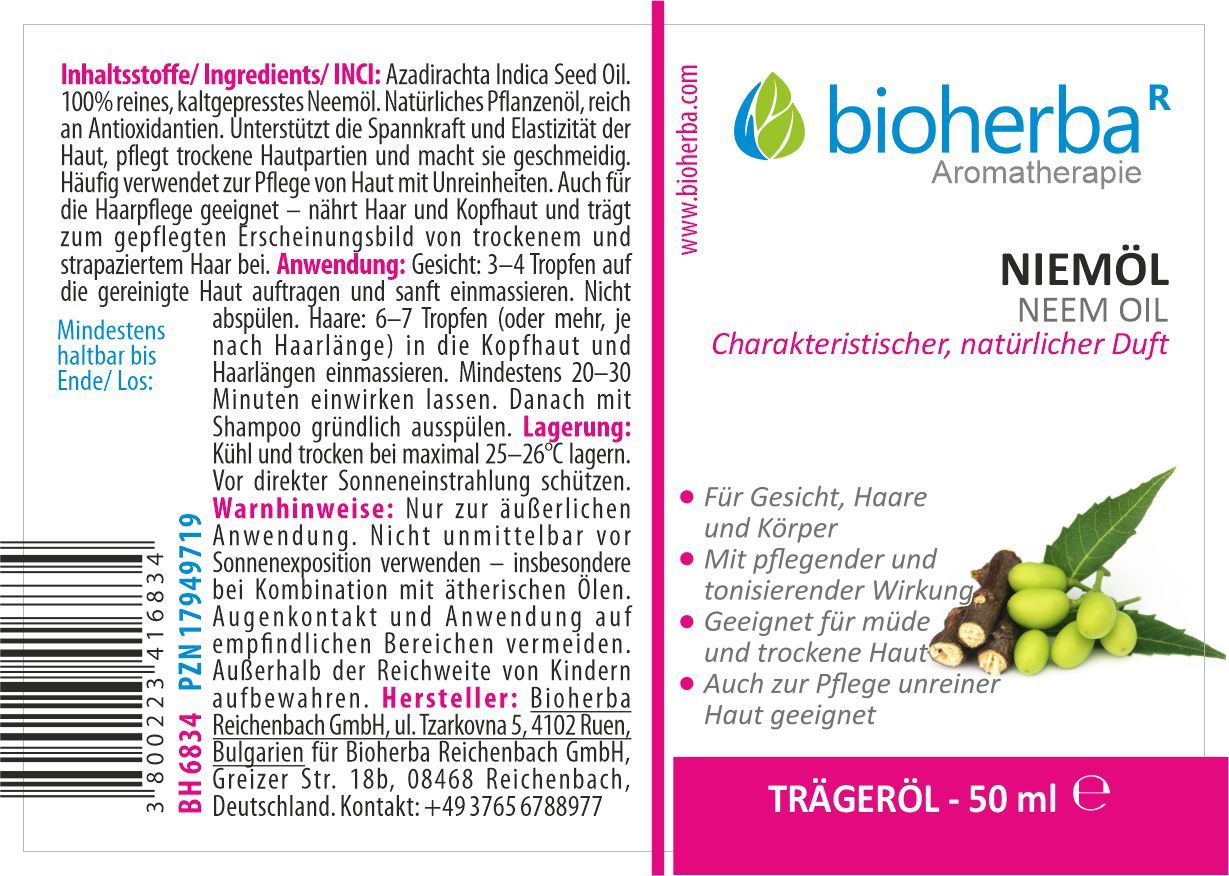 Bioherba Niemöl Azadirachta Indica Seed Oil Reines Trägeröl