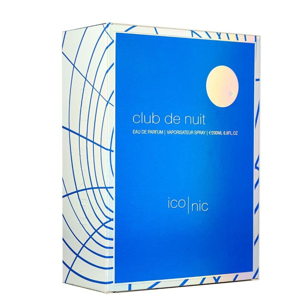 Verpackung, blau mit weißem Muster. Text: Club de Nuit, Eau de Parfum, Iconic. Hintergrund: blauer Kreis. Eckige Form.