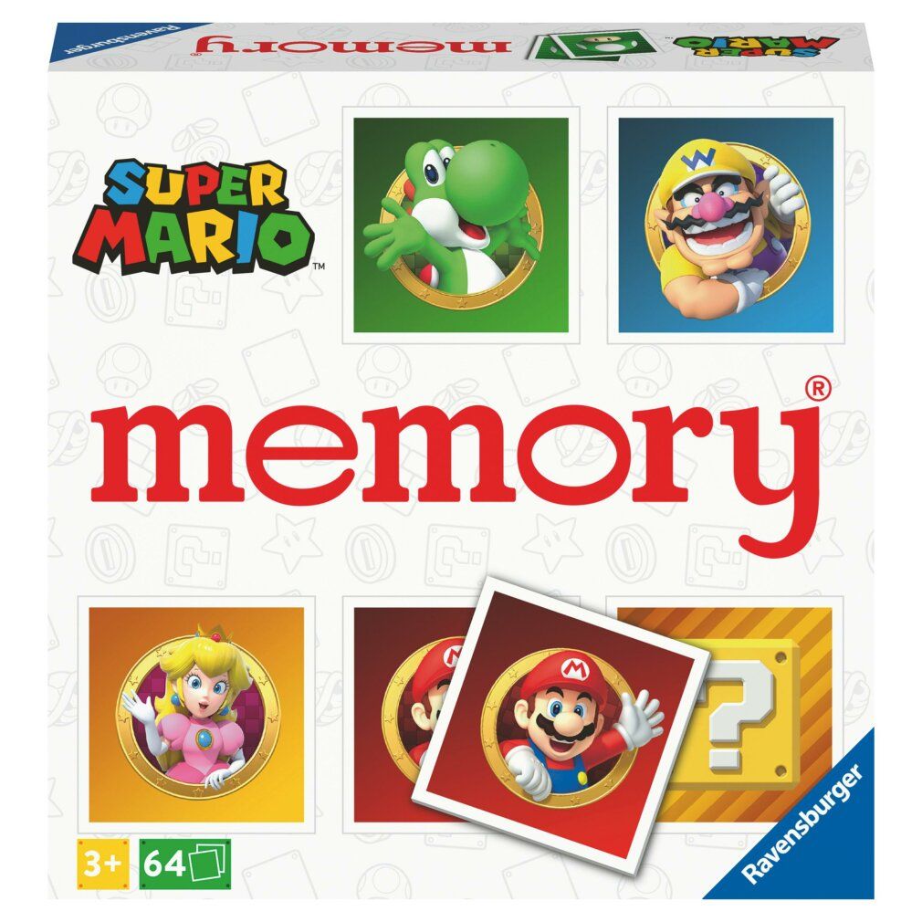 Ravensburger Memory Super Mario. Kartenspiel mit Charakteren. Verpackung mit Spielkarten. Altersempfehlung: 3+.