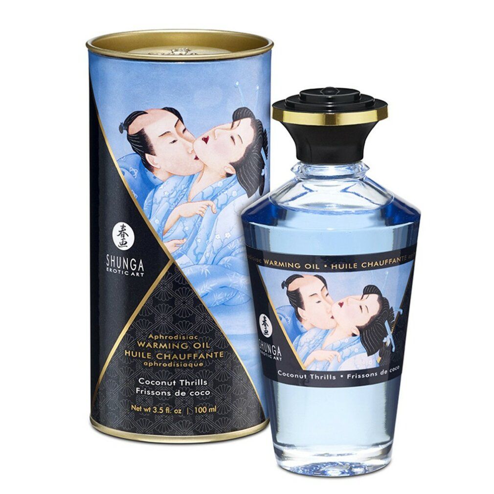 Cilindrische doos en fles met blauwe olie. Opschrift: Shunga, Warming Oil, Coconut Thrills.