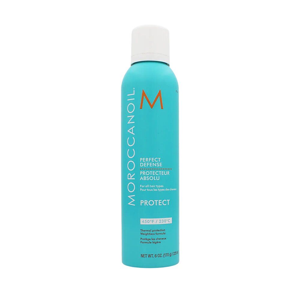 Türkisfarbene Sprühflasche mit weißem Deckel. Aufschrift: Moroccanoil, Perfect Defense, Protect. Temperaturangabe.
