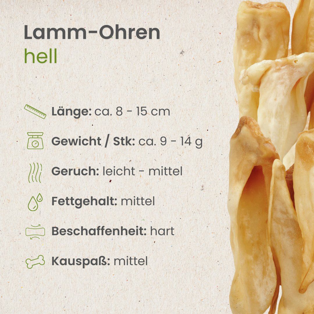 Lamm-Ohren: 100% Lamm, geringer Fettanteil, hoher Proteingehalt.