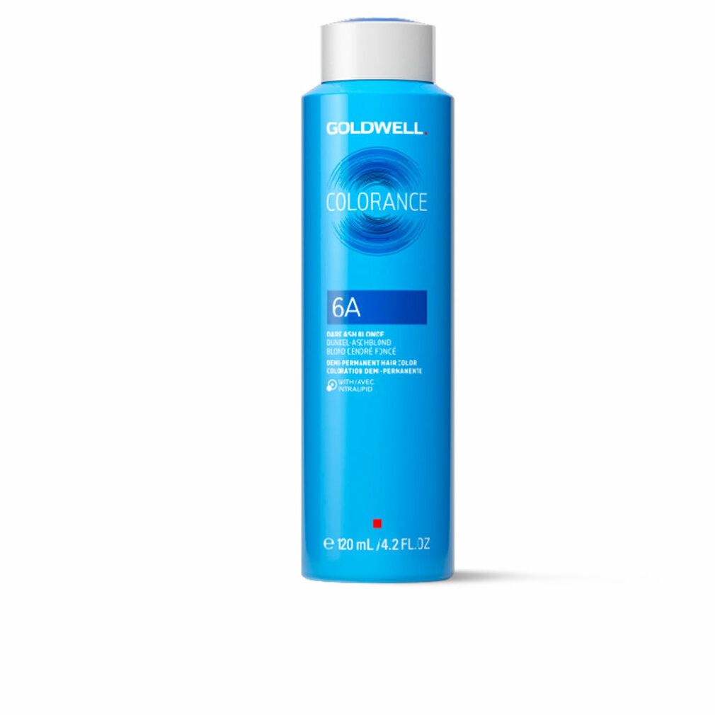 Hellblaue Flasche mit weißem Deckel. Aufschrift COLORANCE 6A und GOLDWELL. Volumen 120 ml.