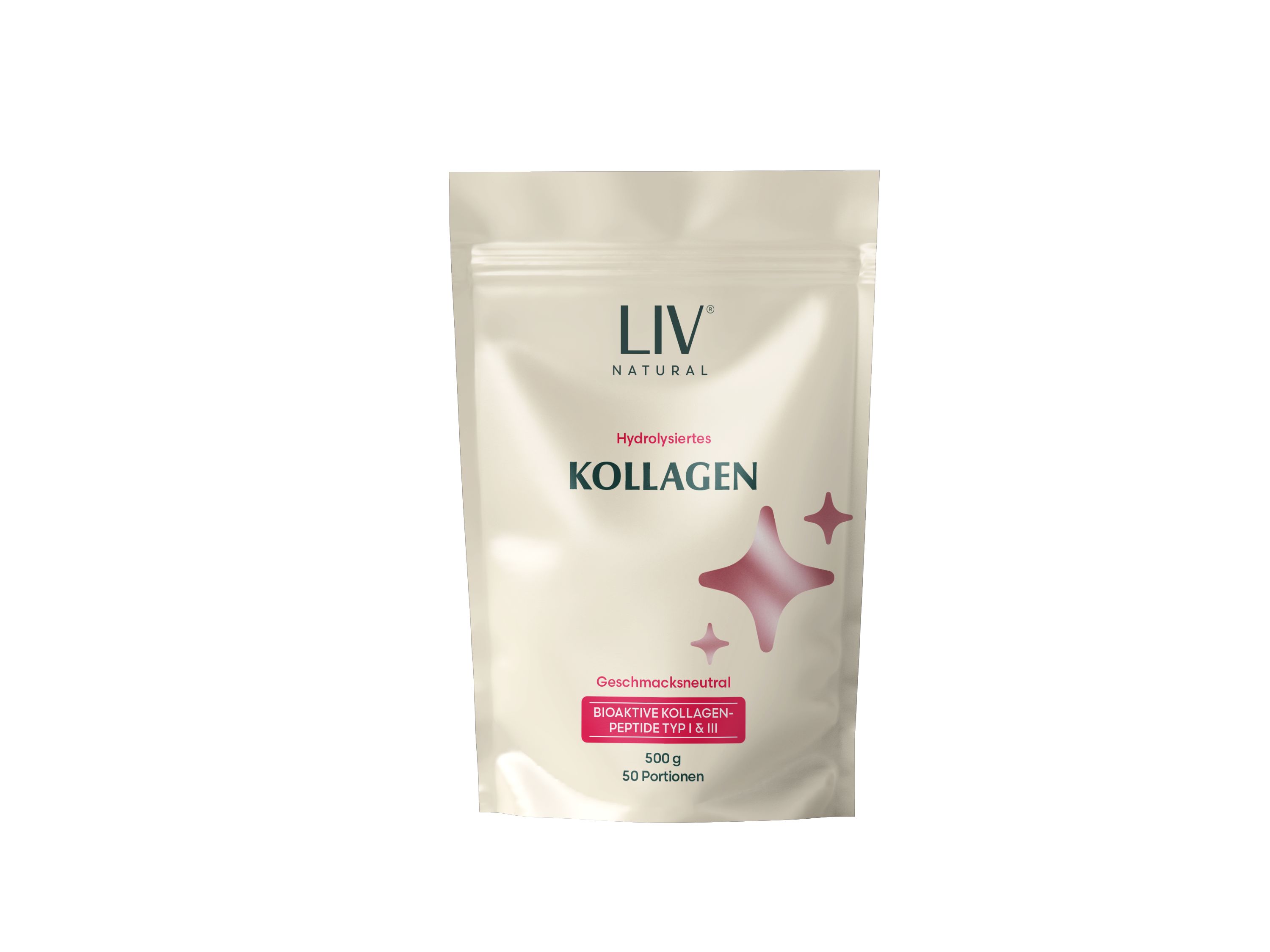 Beutel mit Kollagenpulver. LIV NATURAL, hydrolysiertes Kollagen, 50 Portionen, 500g.