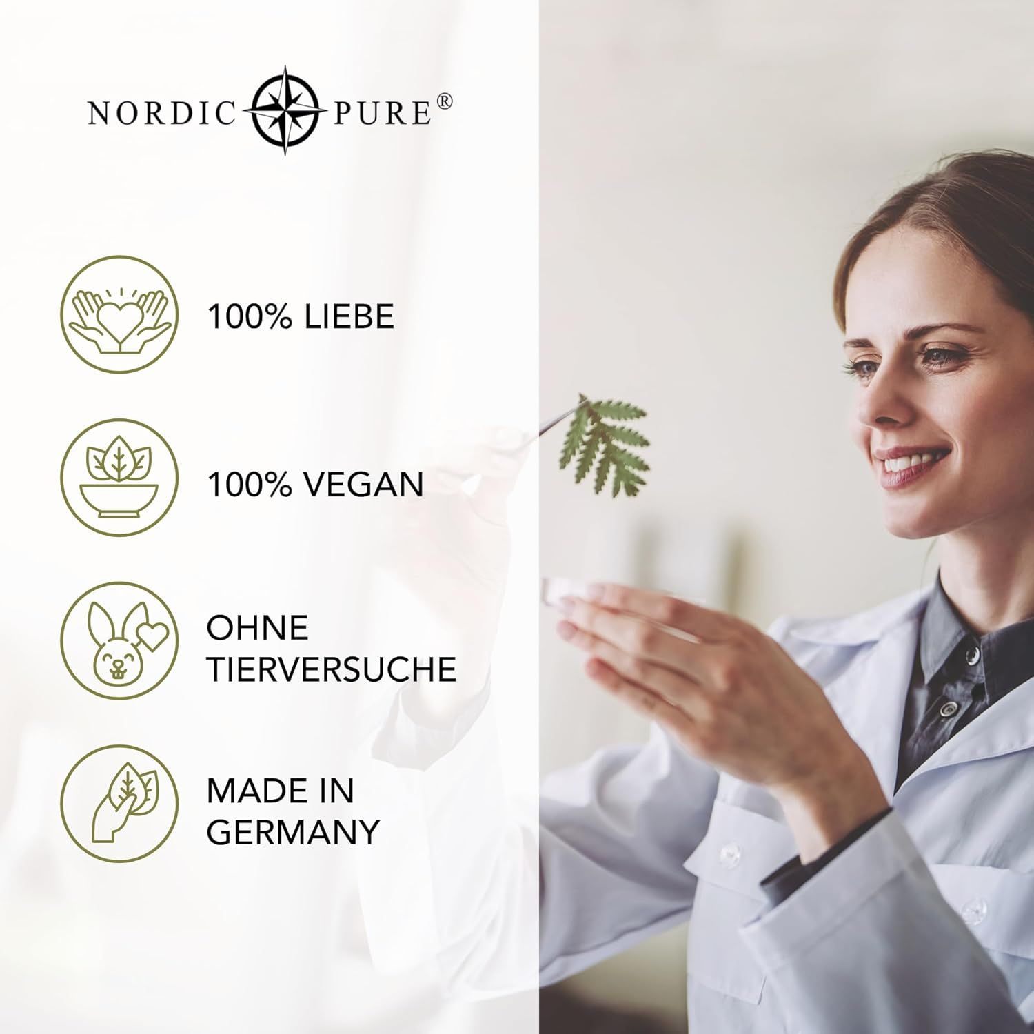 Logo Nordic Pure. Text: 100% Liebe, 100% Vegan, ohne Tierversuche, Made in Germany. Frau mit Blatt.