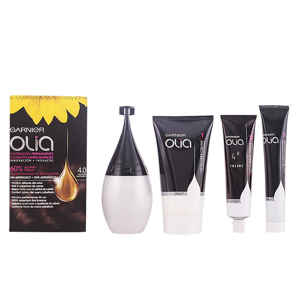 Haarfärbemittel-Set. Enthält eine Flasche, einen Applikator, eine Tube und eine weitere Tube.