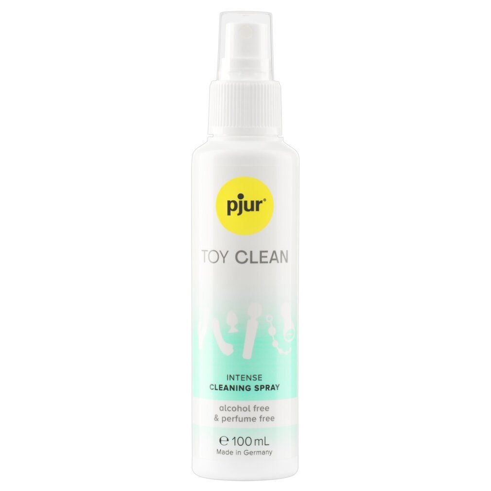 Weiße Sprühflasche mit gelbem Logo und Aufschrift: pjur Toy Clean, intense cleaning spray, alcohol free & perfume free.