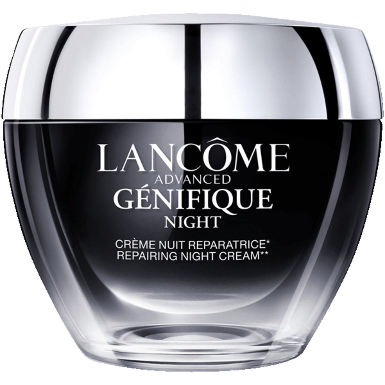 Creme-Tiegel mit schwarzem Glas und silbernem Deckel. Aufschrift: Lancôme, Advanced Génifique Night, Crème Nuit Réparatrice.