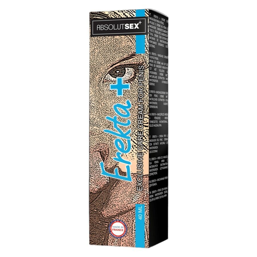 Verpackung mit Aufschrift Erekta+ und Logo AbsolutSex. Aufschrift Exclusive Care Cream for Penis, 40 ml.