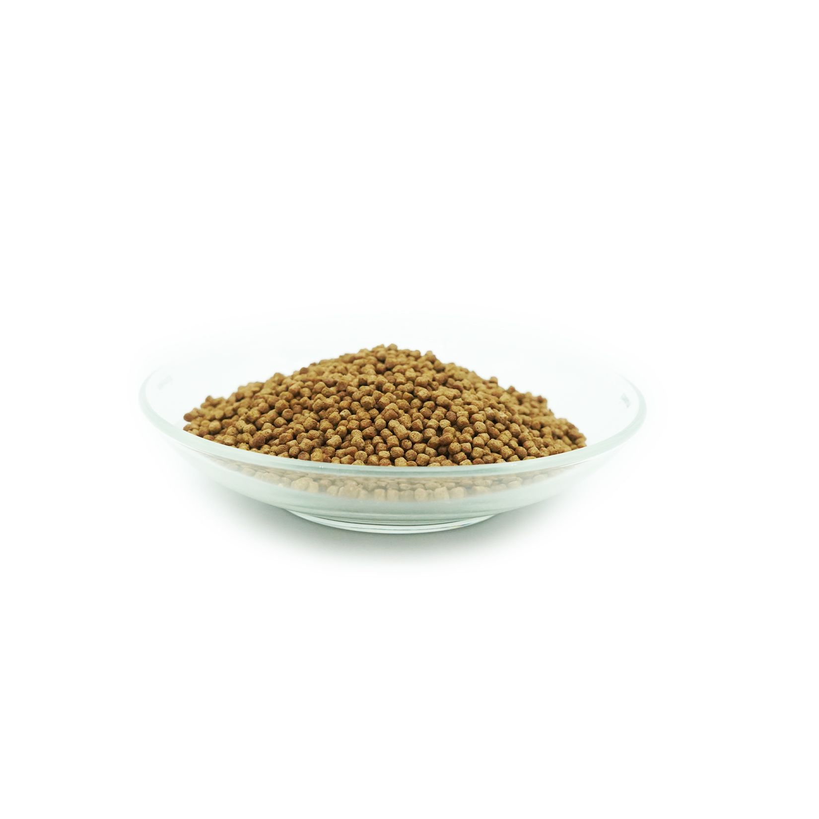 Braune, runde Pellets in einer Glasschale. Die Pellets sind gleichmäßig verteilt.