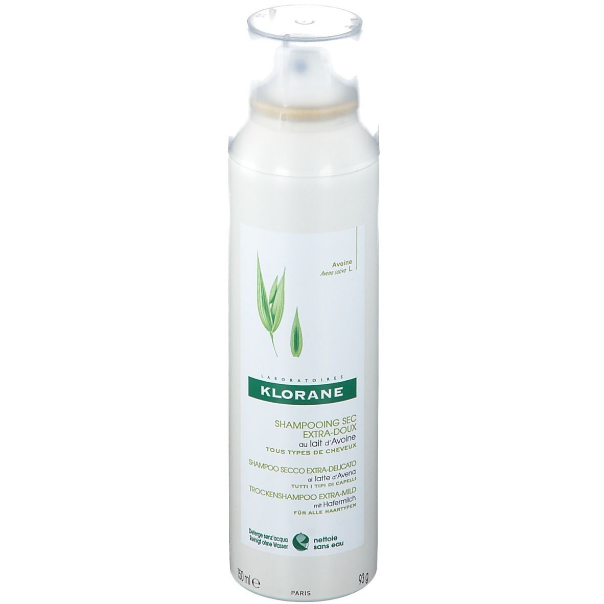 Weißes Spray mit Sprühkopf. Etikett mit Logo und Text: KLORANE, Trockenshampoo, Hafermilch. 150ml.