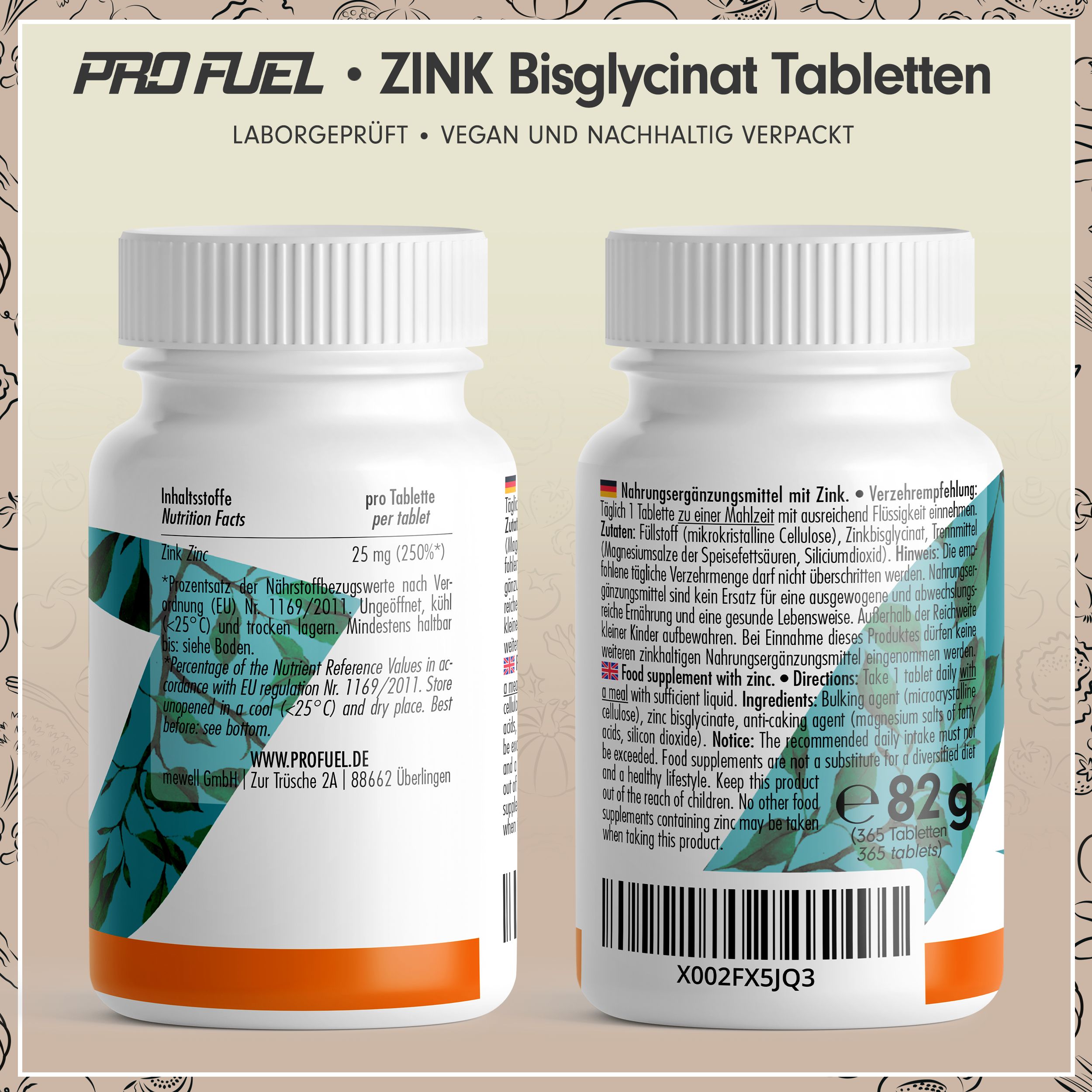 Zwei Seiten der "ZINK Bisglycinat" Tablettenflasche. Enthält 25mg Zink. Nährwertangaben und Inhaltsstoffe.