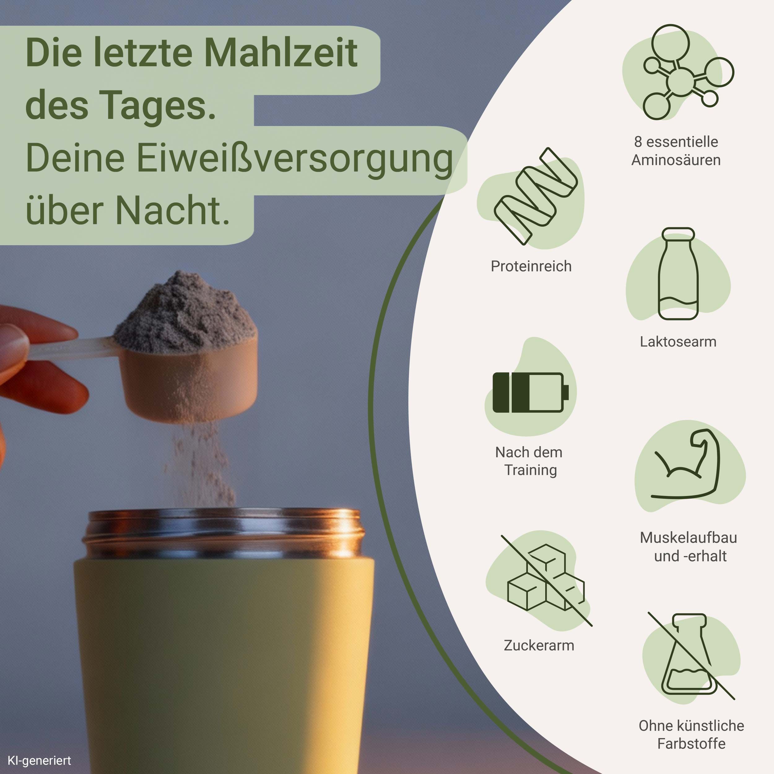 Pulver wird in einen Shaker gefüllt. Icons zeigen: 8 essentielle Aminosäuren, proteinreich, laktosearm, zuckerarm.