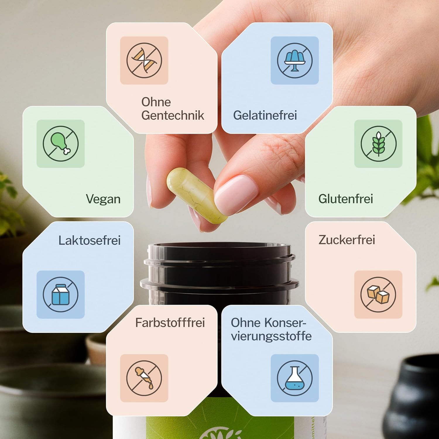 Hand hält Kapsel. Logos: Vegan, glutenfrei, zuckerfrei, ohne Gentechnik, gelatinefrei, laktosefrei, farbstofffrei, ohne Konservierungsstoffe.