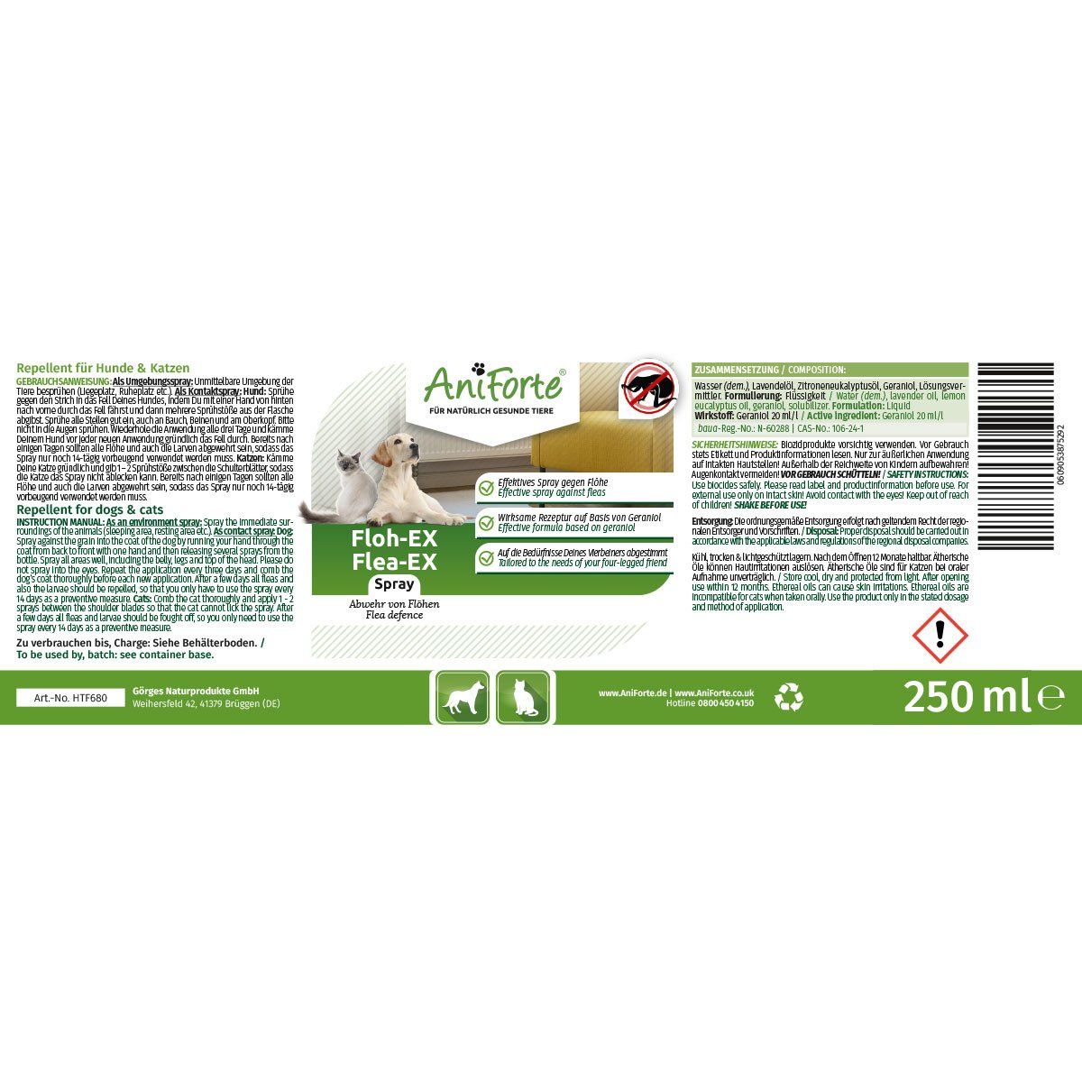 Etikett von Floh-EX Spray. Enthält Produktnamen, Logo AniForte, Informationen und Piktogramme. Volumenangabe: 250 ml.