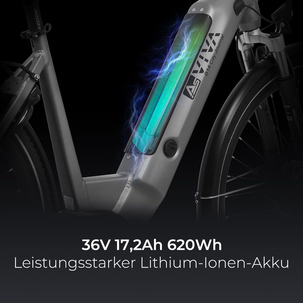 Detailansicht des Lithium-Ionen-Akkus (36V 17,2Ah 620Wh) eines grauen E-Bikes.