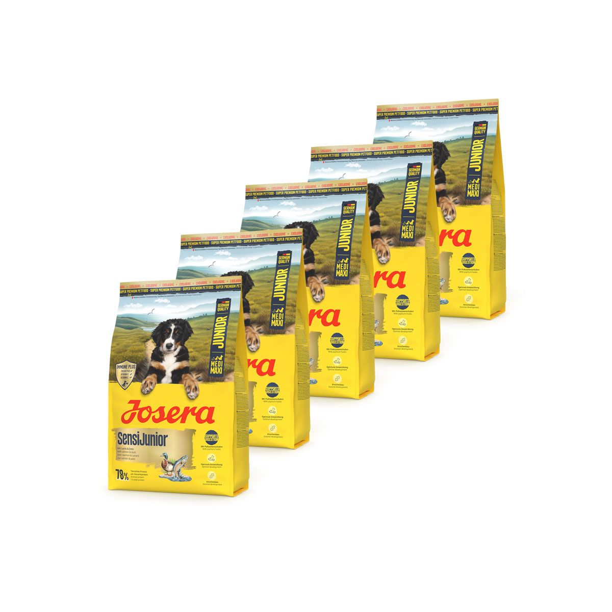 Fünf gelbe Säcke Josera SensiJunior Hundefutter, mit Welpenbild und Produktinformationen.