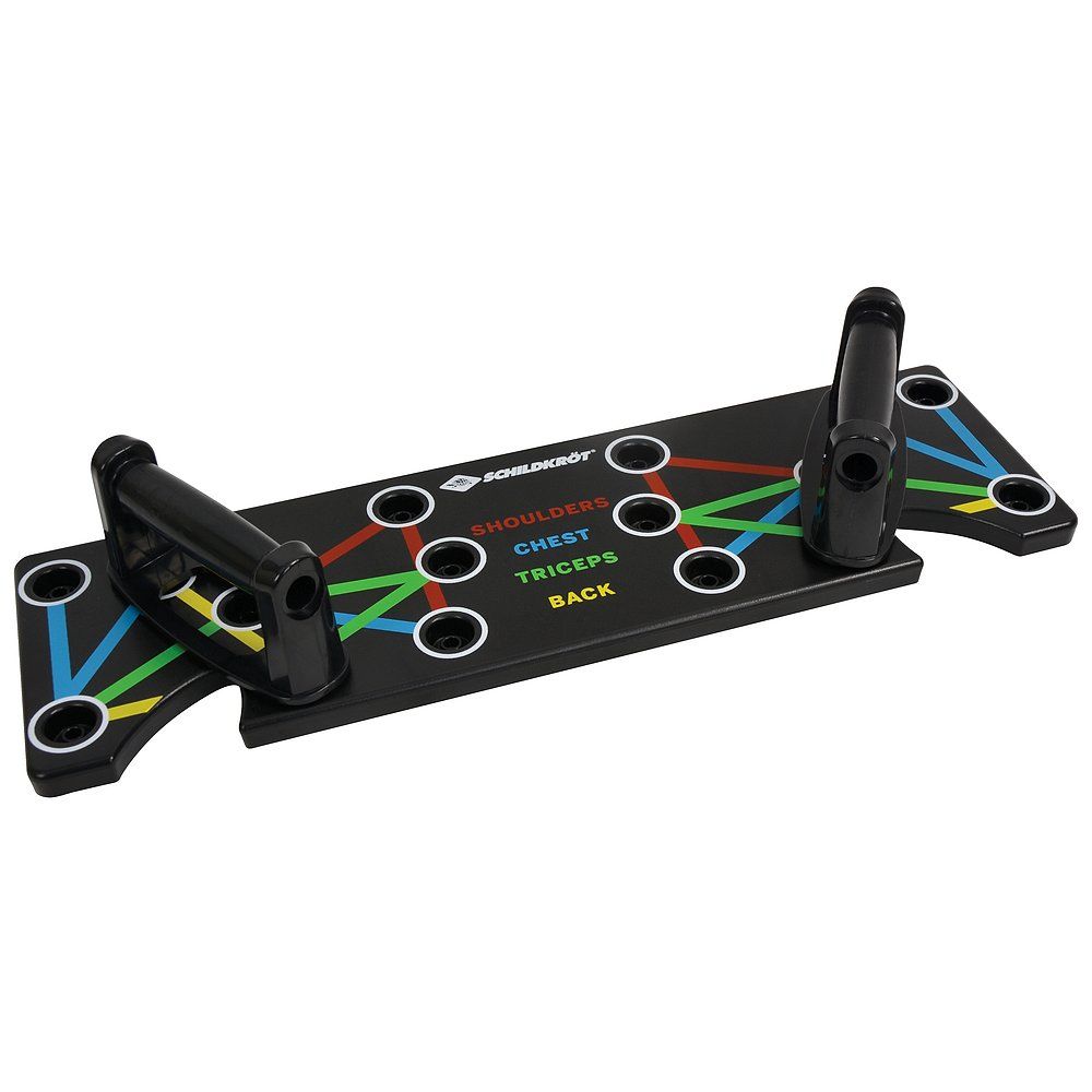 Schwarzes Push-Up-Board mit zwei Griffen, die in die Seiten gesteckt sind. Farbige Linien zeigen Muskelgruppen.