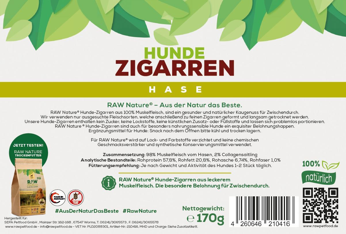 RAW Nature Hundesnack, Hase Hunde-Zigarren, Dörrfleisch Kausnack