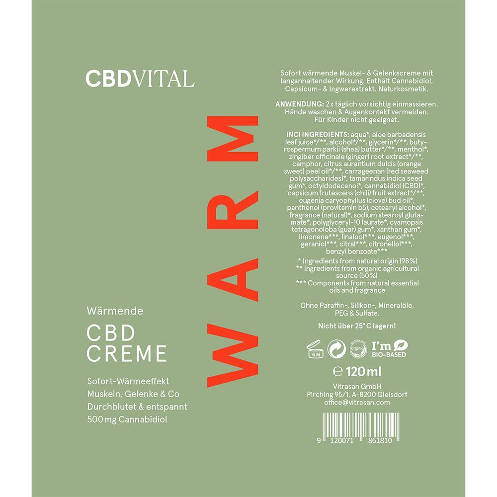 Rückseite einer Tube CBD VITAL Wärmende CBD Creme mit Inhaltsstoffen und Anwendung.