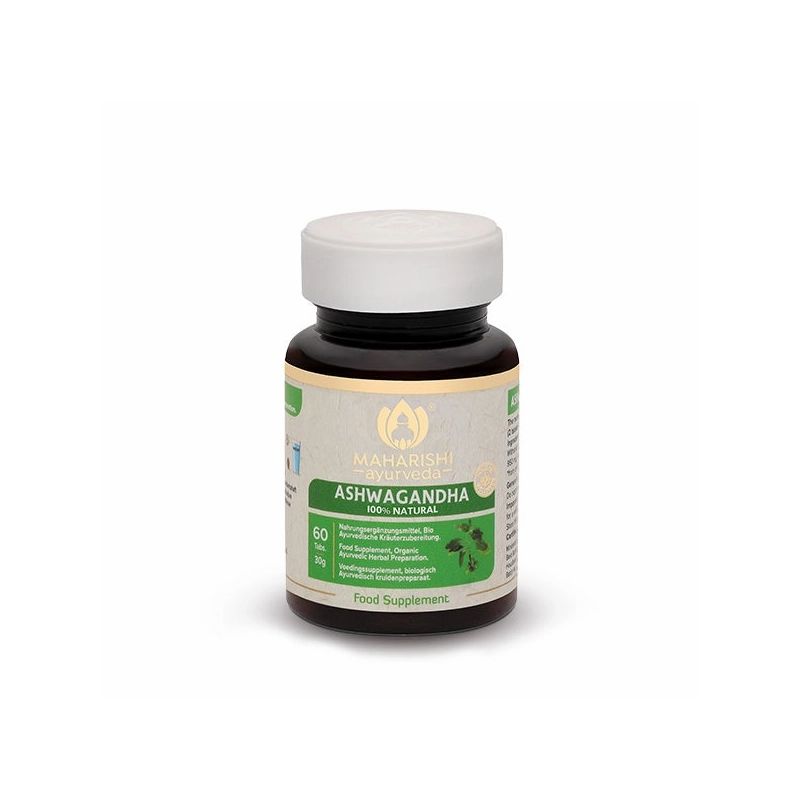 Braune Glasflasche mit weißem Deckel. Aufschrift: Maharishi Ayurveda Ashwagandha 100% Natural. 60 Kapseln. Nahrungsergänzungsmittel.