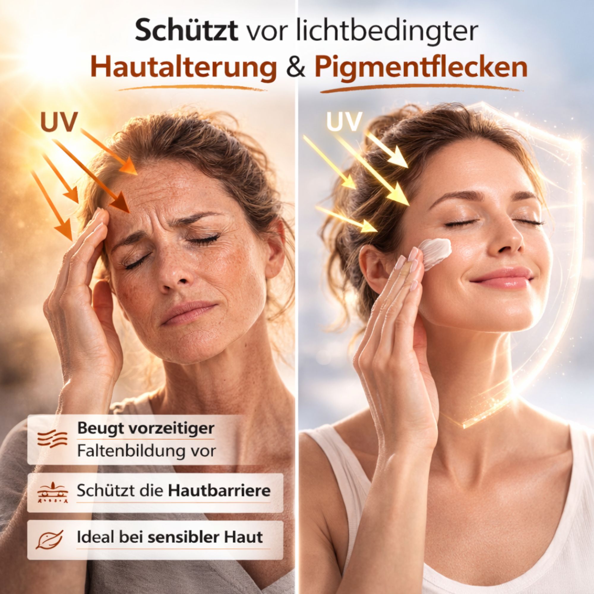 Frau trägt Produkt auf. Mesoestetic Mesoprotech Mineral Fluid 50. Vorher/Nachher-Effekt. Schutz vor Hautalterung.